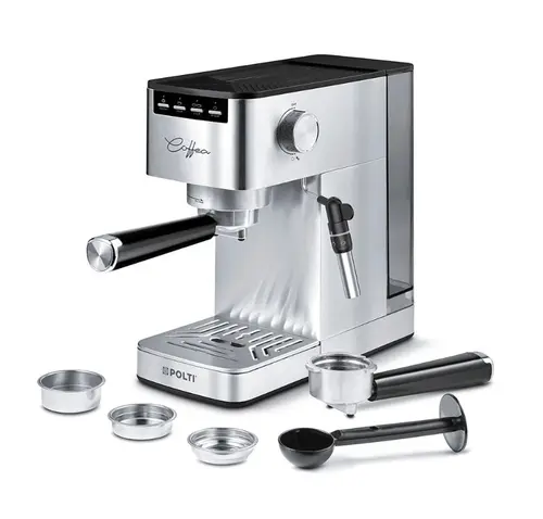 Espressor de cafea Polti Coffea P10S pentru espresso si cappuccino, compatibila cu cafea macinata si capsule E.S.E. de 44 mm, Steamymilk pentru spumarea laptelui, rezervor detasabil de 1,3 l, 1450 W (Argintiu)