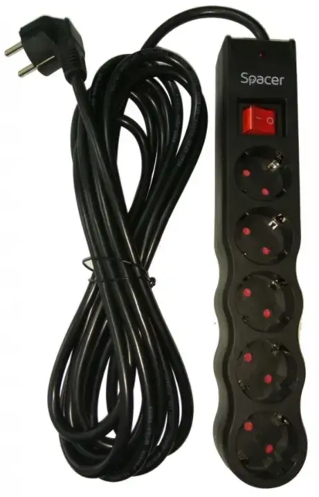 Prelungitor cu protectie Spacer Defender PP-5-18 v2, 5 prize, 1.8 m (Negru)