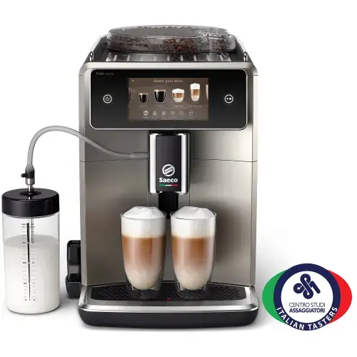 Espressor complet automat Saeco Xelsis Deluxe SM8782/30, 15 bari, 8 profile de utilizator, Interfata Coffee Maestro, Tehnologie BeanMaestro, Conectivitate, Functie LatteDuo, Rasnita ceramica, Filtru Aqua Clean (Negru/Argintiu)