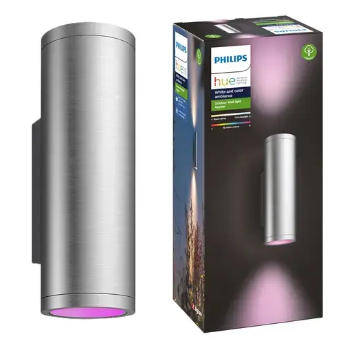 Aplica LED RGB pentru exterior Philips Appear HUE, 8W (49W), 1200 lm, lumina alba si colorta, IP44, Inox, 24 cm, clasa energetica G