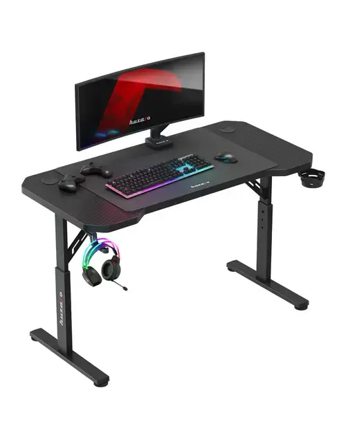 Birou de gaming Huzaro Hero 2.6, Suport casti si pahar, Organizator cabluri, Picioare ajustabile (Negru)