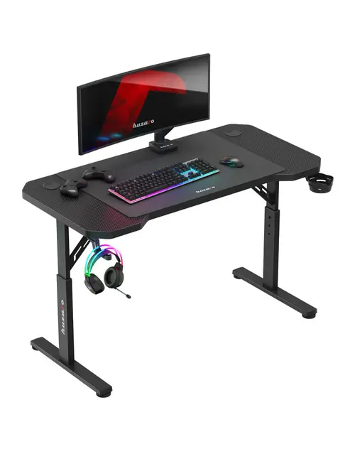 Birou de gaming Huzaro Hero 2.6, Suport casti si pahar, Organizator cabluri, Picioare ajustabile (Negru)