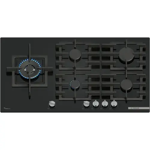 Plita incorporabila Bosch PPM9A6I40, 5 arzatoare, Flame select, Arzator Wok, Gratar fonta, 90 cm, Sticla (Negru)