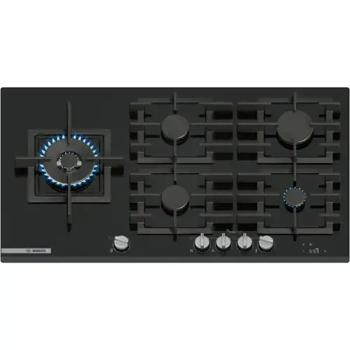 Plita incorporabila Bosch PRS9A6H40, 5 arzatoare, Flame select, Arzator Wok, Touch control & mecanic, Gratar fonta, 90 cm, Sticla (Negru)