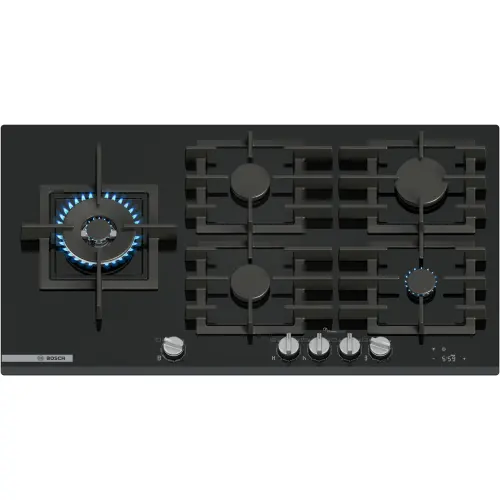Plita incorporabila Bosch PRS9A6H40, 5 arzatoare, Flame select, Arzator Wok, Touch control & mecanic, Gratar fonta, 90 cm, Sticla (Negru)