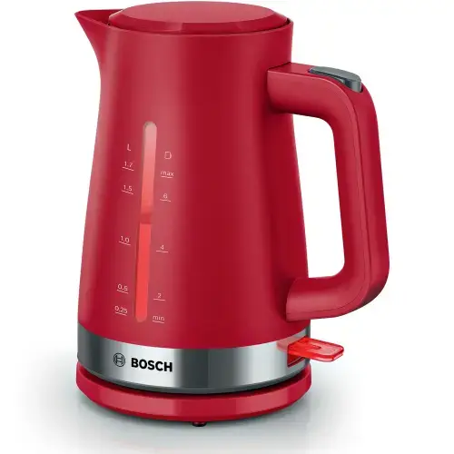 Fierbator de apa Bosch TWK4M224, 1.7l, filtru de calcar, oprire automata, protecţie împotriva supraincalzirii şi funcționarii fara apa, oprire în momentul ridicarii canii de pe suport (Rosu)