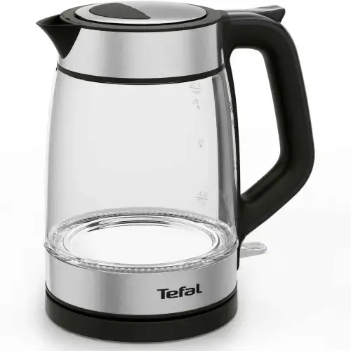 Fierbator Tefal Glass KI605830, 2200W, capacitate 1.7L, gradat, indicator luminos, depozitare cablu, baza rotativa 360°, filtru calcar detasabil (Argintiu/Negru)