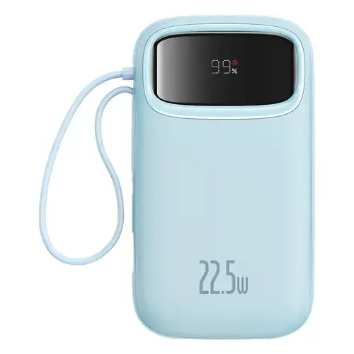 Baterie externa Baseus Qpow2, 10.000 mAh, cablu dual USB-C si Lightning incorporat, Incarcare rapida, 22.5W, Digital Display (Albastru)