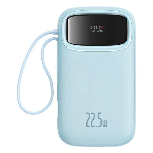 Baterie externa Baseus Qpow2, 10.000 mAh, cablu dual USB-C si Lightning incorporat, Incarcare rapida, 22.5W, Digital Display (Albastru)