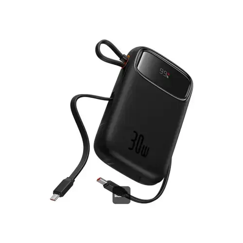 Acumulator extern Baseus Qpow2, 10000 mAh, 30 W, 1 x USB, 2 x USB Type-C, 30cm (Negru)