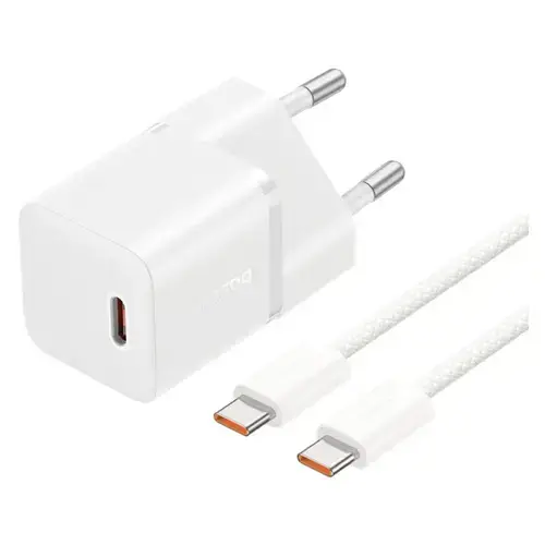 Incarcator retea Baseus P10110900213-01, 1x USB-C, Quick Charge 20 W, GaN, White + Cablu USB-C 1 m (Alb)