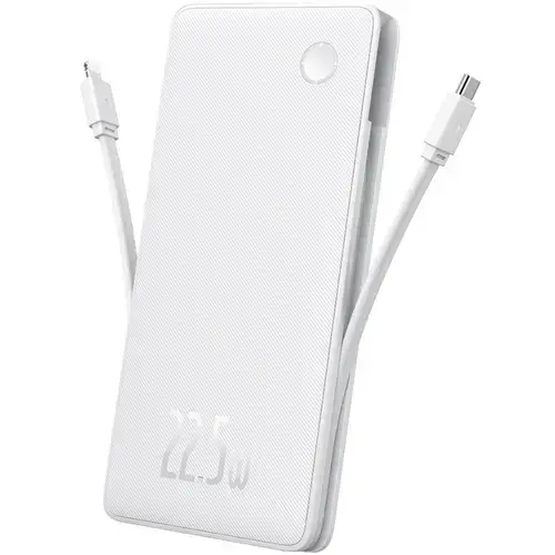 Acumulator extern Baseus Airpow Lite, 10000mAh, 22.5W, Incarcare rapida, USB-C, USB-A, cablu dual Lightning si USB-C (Alb)