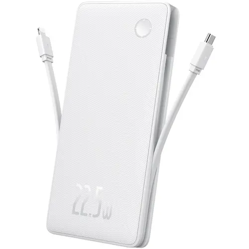 Acumulator extern Baseus Airpow Lite, 10000mAh, 22.5W, Incarcare rapida, USB-C, USB-A, cablu dual Lightning si USB-C (Alb)