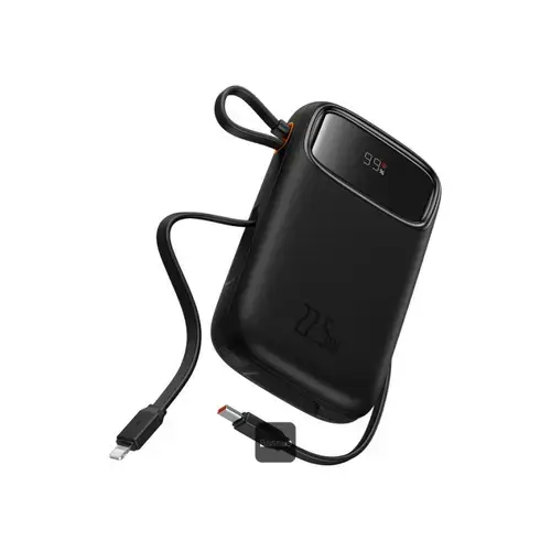 Baterie externa Baseus Qpow2, 20000 mAh, 1x USB, 2x USB-C, 22.5 W, Display, Cablu USB-C & Lightning integrat (Negru)