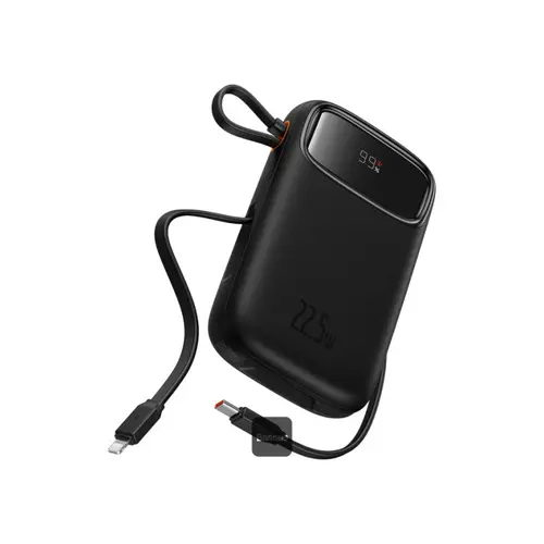 Baterie externa Baseus Qpow2, 20000 mAh, 1x USB, 2x USB-C, 22.5 W, Display, Cablu USB-C & Lightning integrat (Negru)