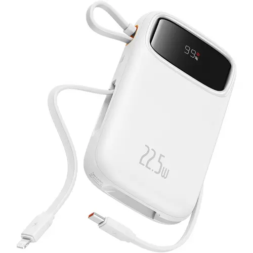 Baterie externa Baseus Qpow2, 20000 mAh, 1x USB, 2x USB-C, 22.5 W, Display, Cablu USB-C & Lightning integrat (Alb)