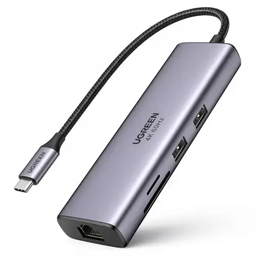 Hub USB-C Ugreen CM512, 2 x USB-A, 1 x USB-C, 1 x HDMI, 1 x SD, 1 x microSD, RJ45 (Gri)