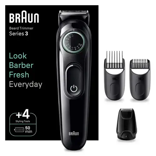 Aparat de tuns barba Braun BT3421, Autonomie 50 minute, 4 instrumente ingrijire, Buton rotativ de precizie (Negru/Verde)