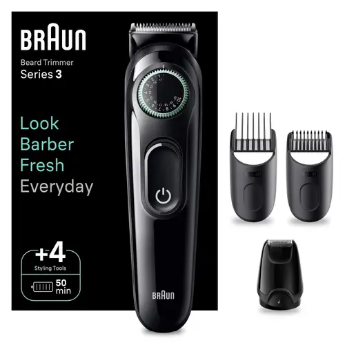 Aparat de tuns barba Braun BT3421, Autonomie 50 minute, 4 instrumente ingrijire, Buton rotativ de precizie (Negru/Verde)