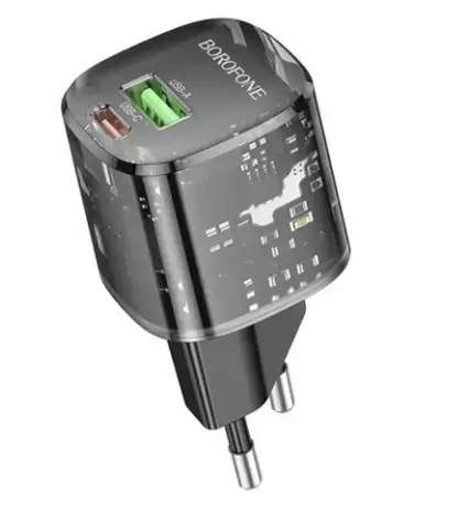 Incarcator retea Borofone BN17, 1 x USB-C, 1 x USB-A, Quick Charge 20 W (Transparent)