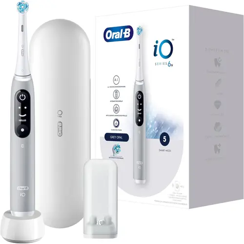 Periuta de dinti electrica Oral-B iO6N cu Tehnologie Magnetica si Micro-Vibratii, Inteligenta artificiala, Display led interactiv, Senzor de presiune Smart, Timer vizibil, 5 moduri, 2 capete, Trusa de calatorie (Gri)