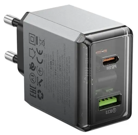 Incarcator retea Borofone BN20, 1 x USB-C, 1 x USB-A, 35 W (Gri)