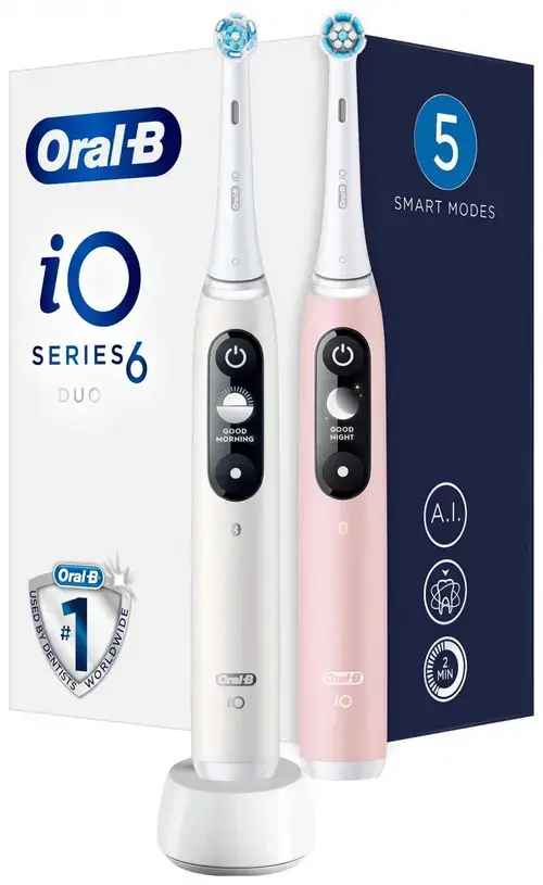Periute de dinti electrice Oral-B iO6, 5 moduri periaj, Timer, Senzor presiune Smart (Alb/Roz)