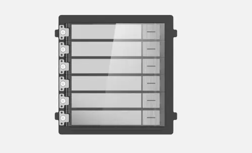 Modul de extensie videinterfon cu sase butoane de apelare Hikvision DS- KD-KK/S; montaj aplicat sau ingropat (acesoriile de montaj nu sunt incluse), customizare afisare nume; iluminare pe timp de noapte; Conectare RS-485, 1 x Input; 1 x Output