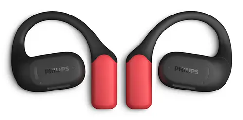 Casti alergare True Wireless Open-ear Philips Seria 6000 TAA6709BK/00, Autonomie 28 ore, Microfon, Conductie aer, IP55 (Negru/Rosu)