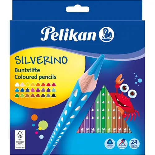 Set creioane color Pelikan Silverino, Lacuite, sectiune triunghiulara, 24 buc/set