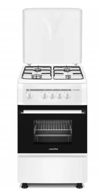 Aragaz Nobeltek NLT 5551A/G1, 50 cm, Plita gaz, Cuptor gaz, Siguranta plita si cuptor, Echipat cu diuze GPL, Diuze GN de schimb, Capac tabla (Alb)