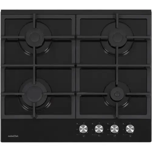 Plita incorporabila Nobeltek NHBG-6421BKF, Gaz, 4 arzatoare, Aprindere buton, Gratar fonta, Siguranta arzatoare, 60 cm, Sticla (Negru)