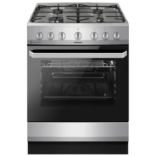 Aragaz mixt Hansa FCMX6810092, Cuptor electric, 60 cm, 4 arzatoare, programator, 8 functii, Grill, Ventilator, Aprindere electrica, Siguranta, sertar depozitare, Fara capac, 62 L, Clasa A (Argintiu)