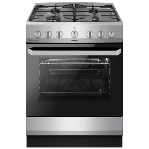 Aragaz mixt Hansa FCMX6810092, Cuptor electric, 60 cm, 4 arzatoare, programator, 8 functii, Grill, Ventilator, Aprindere electrica, Siguranta, sertar depozitare, Fara capac, 62 L, Clasa A (Argintiu)