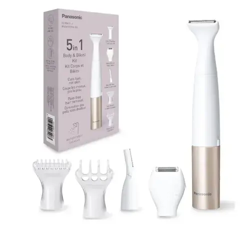 Trimmer 5in1 Panasonic ES-WM31-P301, pentru corp cu accesorii interschimbabile, Wet & Dry, lame otel inoxidabil hipoalergenic si rotunjite pe margini (Roz/Alb)