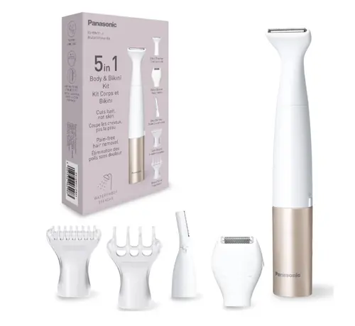 Trimmer 5in1 Panasonic ES-WM31-P301, pentru corp cu accesorii interschimbabile, Wet & Dry, lame otel inoxidabil hipoalergenic si rotunjite pe margini (Roz/Alb)
