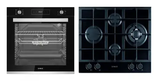 Pachet Samus ONL29 Cuptor incorporabil Samus SCE828GCF3D, 80 l, 2500 W, 8 functii, Clasa A, Gatire 3D, Grill, Ventilator, Timer digital, Curatare catalitica + Plita incorporabila Samus PSG-64SG2, Gaz, 4 arzatoare, Arzator WOK, Aprindere electrica (Negru)