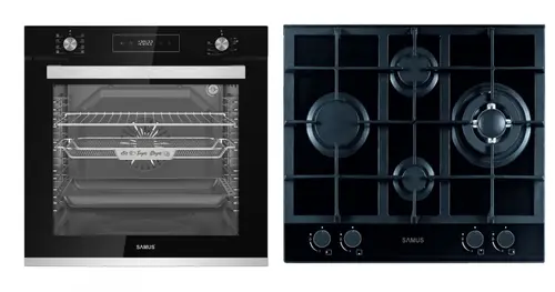 Pachet Samus ONL29 Cuptor incorporabil Samus SCE828GCF3D, 80 l, 2500 W, 8 functii, Clasa A, Gatire 3D, Grill, Ventilator, Timer digital, Curatare catalitica + Plita incorporabila Samus PSG-64SG2, Gaz, 4 arzatoare, Arzator WOK, Aprindere electrica (Negru)