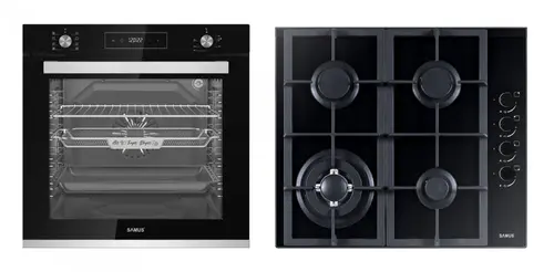 Pachet Samus ONL32 Cuptor incorporabil Samus SCE828GCF3D, 80 l, 2500 W, 8 functii, Clasa A, Gatire 3D, Grill, Ventilator, Timer digital + Plita incorporabila Samus PSG-64SG4, 4 Arzatoare, Aprindere electrica, Siguranta (Negru)