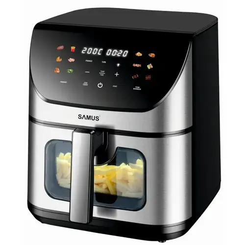 Friteuza cu aer cald Samus AF8-S1700DW, 8 l, 1700 W, Timer 0-60 minute, 12 programe, Temperatura ajustabila 80-200 C (Negru/Inox)