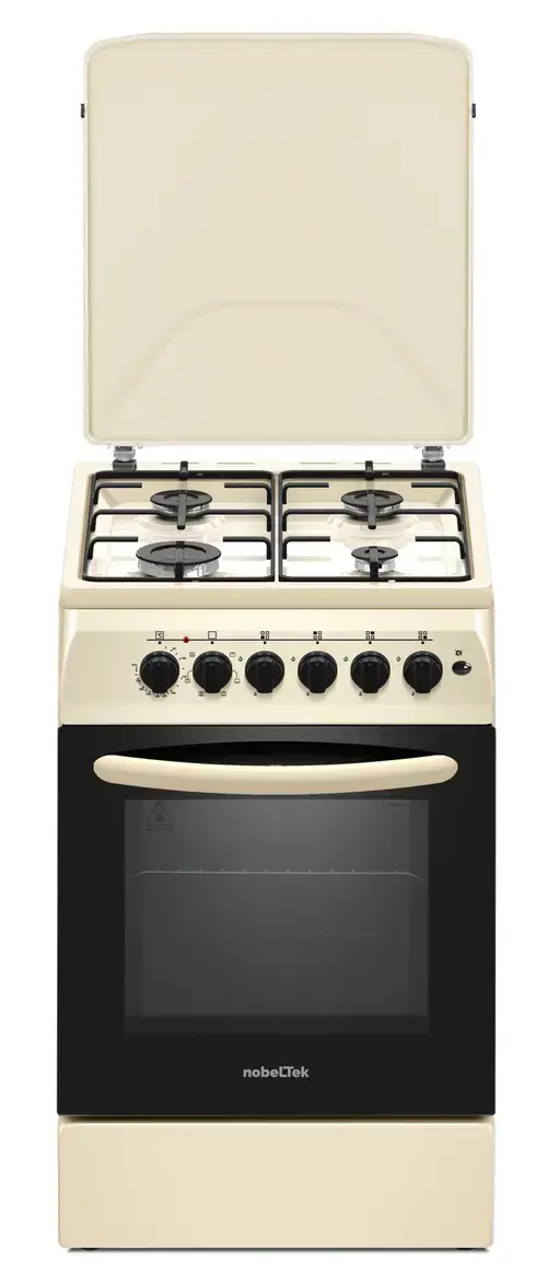 Aragaz Nobeltek NLT 5604B/E1, 50x60, plita gaz si cuptor electric, ventilator, aprindere electrica plita, siguranta plita, iluminare cuptor, echipat cu diuze GN, diuze GPL de schimb, capac tabla (Bej)