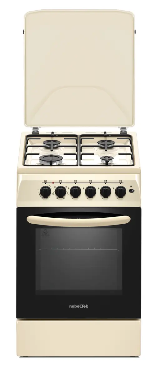 Aragaz Nobeltek NLT 5604B/E1, 50x60, plita gaz si cuptor electric, ventilator, aprindere electrica plita, siguranta plita, iluminare cuptor, echipat cu diuze GN, diuze GPL de schimb, capac tabla (Bej)