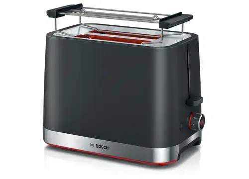 Prajitor de paine compact Bosch TAT4M223, 950 W, setari pt decongelare si incalzire, suport pt incalzire chifle, high lift, oprire automata, rumenire uniforma, fara BPA pt elemente plastic (Negru)