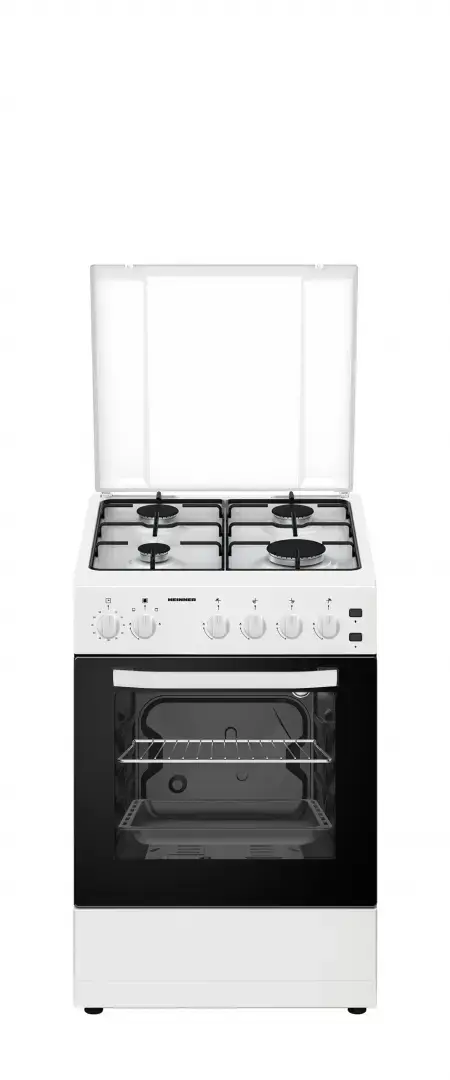Aragaz Heinner HFSC-S50LITGWH, Gaz, 4 arzatoare, Aprindere electrica, Timer, Grill, Duze GPL, 50 cm (Alb)