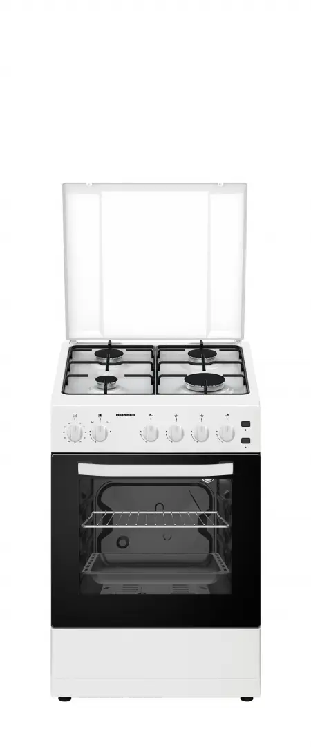 Aragaz Heinner HFSC-S50LITGWH, Gaz, 4 arzatoare, Aprindere electrica, Timer, Grill, Duze GPL, 50 cm (Alb)