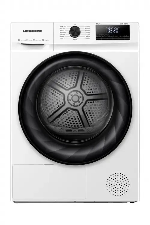 Uscator de rufe cu pompa de caldura Heinner HHPD-H90FRA++, 9 kg, 15 programe, Clasa D, Display LED, Lumina cuva, Suport incaltaminte (Alb)