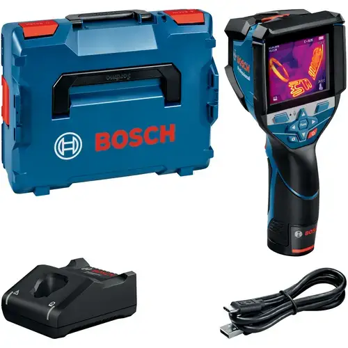Camera termica pe acumulator Bosch Professional GTC 600 C, 12 V, -20°C/+600°C domeniu masurare, ± 2.0°C precizie, USB-C, WiFi, 3.5inch display, insertie L-Boxx scula electrica/accesorii, incarcator, acumulator, cablu USB-C, cutie L-Boxx