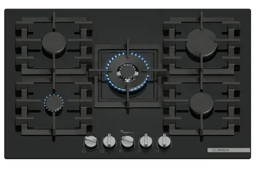 Plita incorporabila Bosch PPQ7A6I40, Gaz, 5 arzatoare, Flame select, Arzator Wok, Gratar fonta, 75 cm (Sticla neagra)