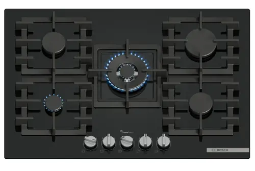 Plita incorporabila Bosch PPQ7A6I40, Gaz, 5 arzatoare, Flame select, Arzator Wok, Gratar fonta, 75 cm (Sticla neagra)