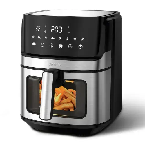 Friteuza cu aer cald Samus AF6.5B-S1700DW, 6.5 l, 1700 W, Timer 0-60 minute, Afisaj electronic, 8 programe, Temperatura ajustabila 80-200 C (Negru/Inox)